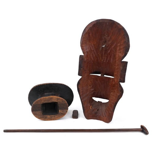 2602 - Tribal interest wood carvings including large face mask with bone inlay and stool, the largest 98cm ... 