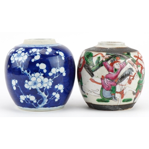 675 - Two Chinese porcelain ginger jars comprising blue and white prunus and one hand painted in the famil... 