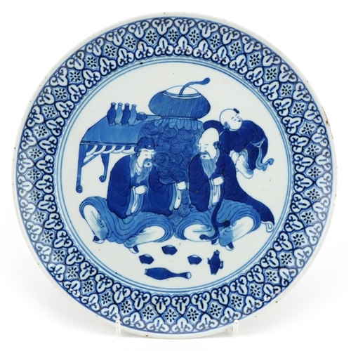 387 - Chinese blue and white porcelain plate hand painted with two elders and an attendant, 24cm in diamet... 