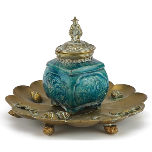 2626 - Asian aesthetic brass desk inkwell on shell feet with turquoise glaze pottery inkwell and figural fi... 