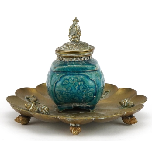 2626 - Asian aesthetic brass desk inkwell on shell feet with turquoise glaze pottery inkwell and figural fi... 