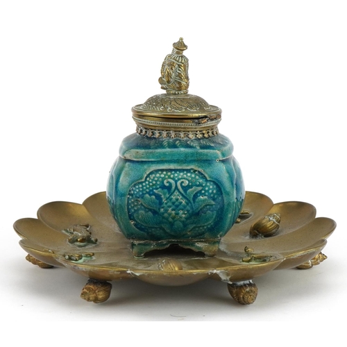 2626 - Asian aesthetic brass desk inkwell on shell feet with turquoise glaze pottery inkwell and figural fi... 