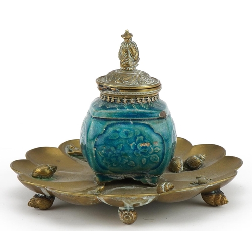 2626 - Asian aesthetic brass desk inkwell on shell feet with turquoise glaze pottery inkwell and figural fi... 