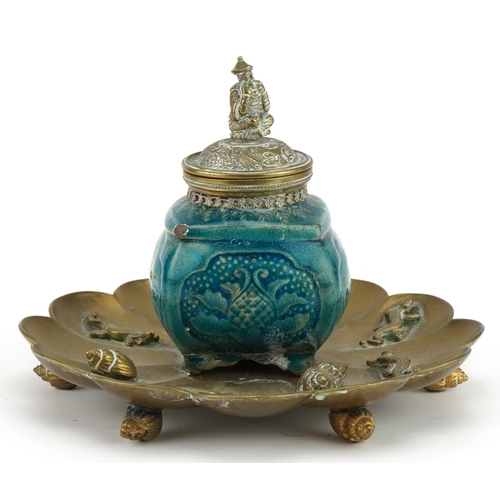 2626 - Asian aesthetic brass desk inkwell on shell feet with turquoise glaze pottery inkwell and figural fi... 