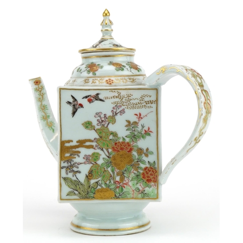 195 - Japanese porcelain teapot with square body hand painted with insects and birds amongst flowers, 26cm... 