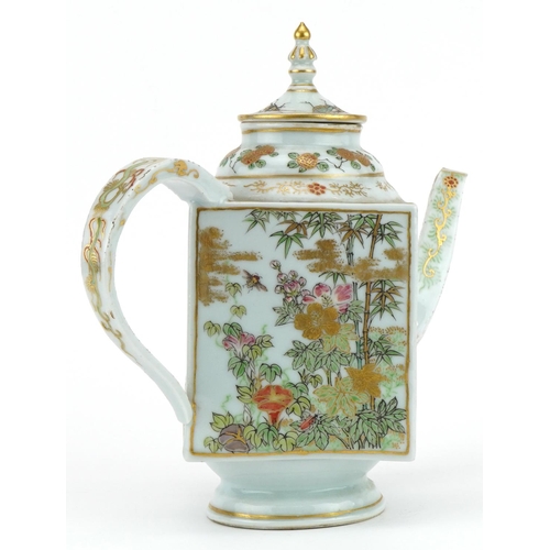 195 - Japanese porcelain teapot with square body hand painted with insects and birds amongst flowers, 26cm... 