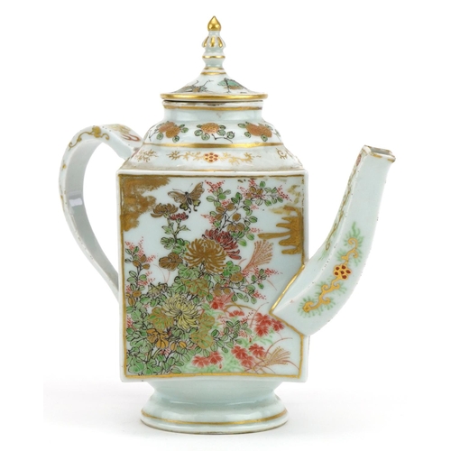 195 - Japanese porcelain teapot with square body hand painted with insects and birds amongst flowers, 26cm... 