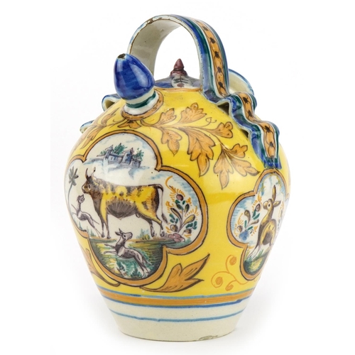 346 - 18th century style European Faience glazed Maiolica water jug hand painted with wild animals and flo... 