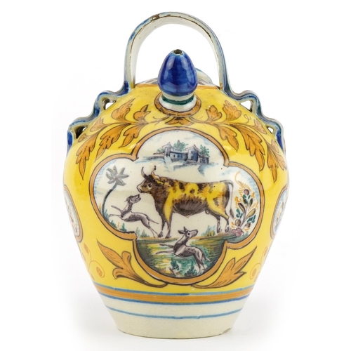 346 - 18th century style European Faience glazed Maiolica water jug hand painted with wild animals and flo... 