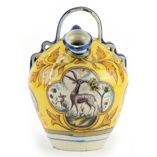 346 - 18th century style European Faience glazed Maiolica water jug hand painted with wild animals and flo... 