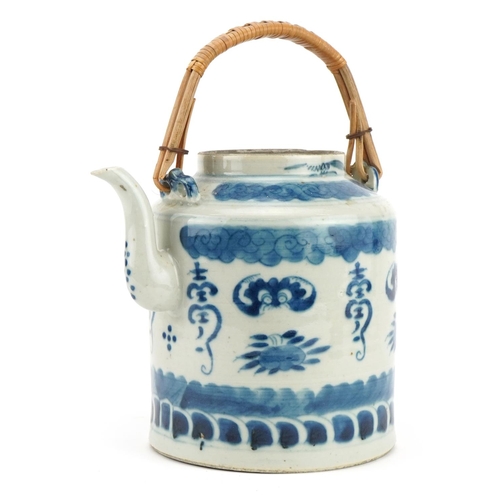 2567 - Chinese blue and white porcelain teapot hand painted with bats and fruit, 18cm in length excluding t... 