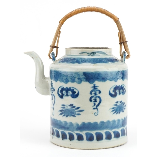 2567 - Chinese blue and white porcelain teapot hand painted with bats and fruit, 18cm in length excluding t... 