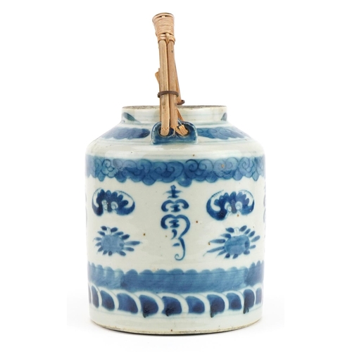 2567 - Chinese blue and white porcelain teapot hand painted with bats and fruit, 18cm in length excluding t... 