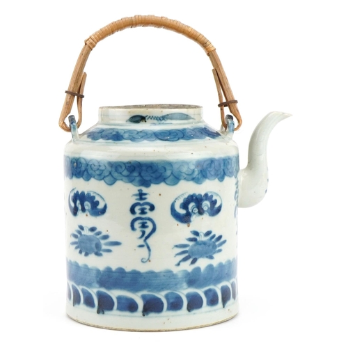 2567 - Chinese blue and white porcelain teapot hand painted with bats and fruit, 18cm in length excluding t... 