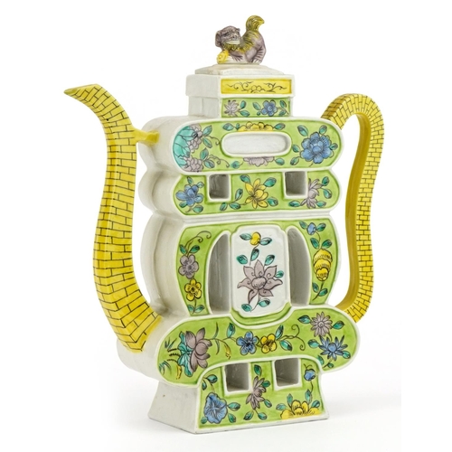 592 - Chinese porcelain puzzle teapot hand painted with flowers, 24cm high