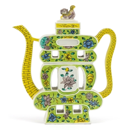 592 - Chinese porcelain puzzle teapot hand painted with flowers, 24cm high