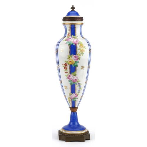 255 - Sevres, 19th century French porcelain vase and cover with gilt metal mounts hand painted with flower... 