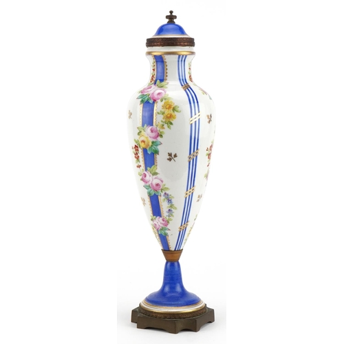 255 - Sevres, 19th century French porcelain vase and cover with gilt metal mounts hand painted with flower... 