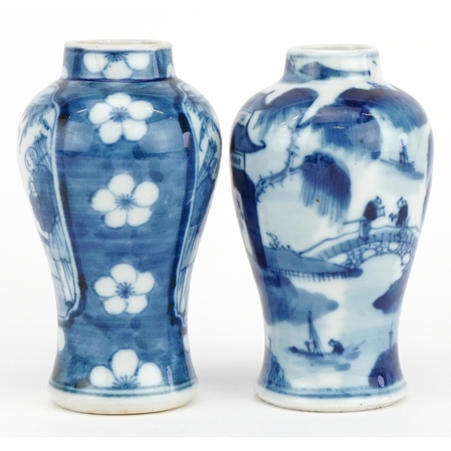 650 - Two Chinese blue and white porcelain baluster vases hand painted with figures, the largest 10cm high