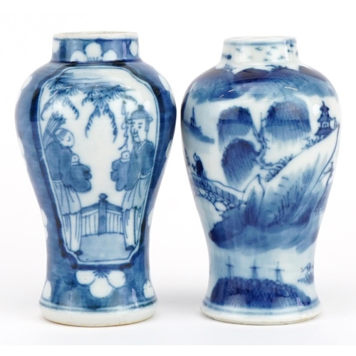 650 - Two Chinese blue and white porcelain baluster vases hand painted with figures, the largest 10cm high