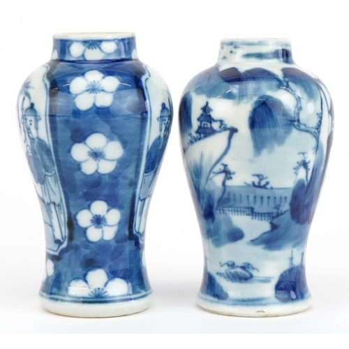 650 - Two Chinese blue and white porcelain baluster vases hand painted with figures, the largest 10cm high