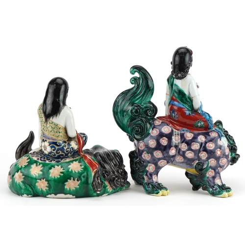 194 - Two Japanese Kutani porcelain figures including a lidded incense burner in the form of a Guanyin on ... 