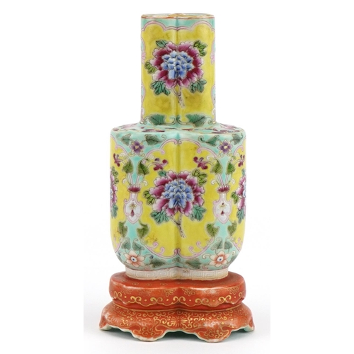 66 - Chinese porcelain conjoined vase finely hand painted in the famille rose palette with flowers, six f... 