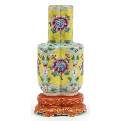 66 - Chinese porcelain conjoined vase finely hand painted in the famille rose palette with flowers, six f... 