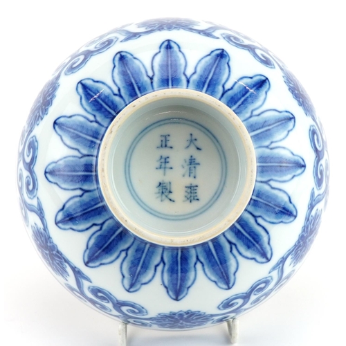 2727 - Chinese blue and white porcelain footed bowl hand painted with flower heads amongst scrolling foliag... 