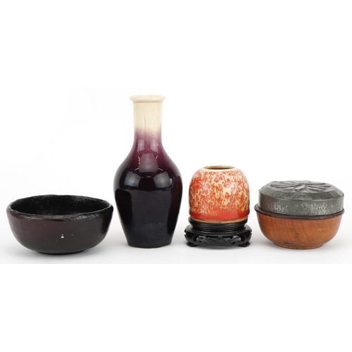 674 - Chinese sundry items including a beehive water pot on hardwood stand having a spotted orange glaze, ... 