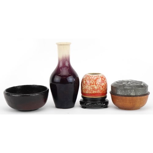 674 - Chinese sundry items including a beehive water pot on hardwood stand having a spotted orange glaze, ... 