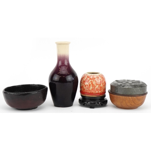 674 - Chinese sundry items including a beehive water pot on hardwood stand having a spotted orange glaze, ... 