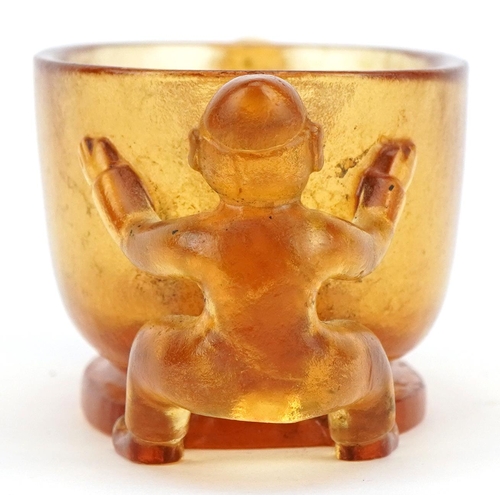 2572 - WITHDRAWN Chinese Peking style glass censer with figural handles, 10cm wide