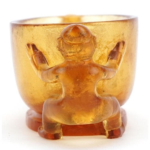 2572 - WITHDRAWN Chinese Peking style glass censer with figural handles, 10cm wide