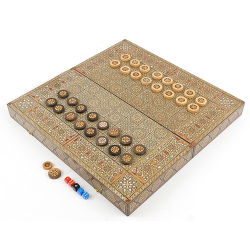 1152 - Syrian Moorish style Vizagapatam folding games board with backgammon set, 11cm high x 52cm W x 26cm ... 