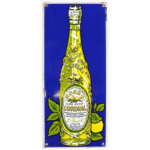 714 - Roses Lime Juice Cordial enamel advertising sign, Garnier & Co stamp to the reverse, 36cm x 16.5cm