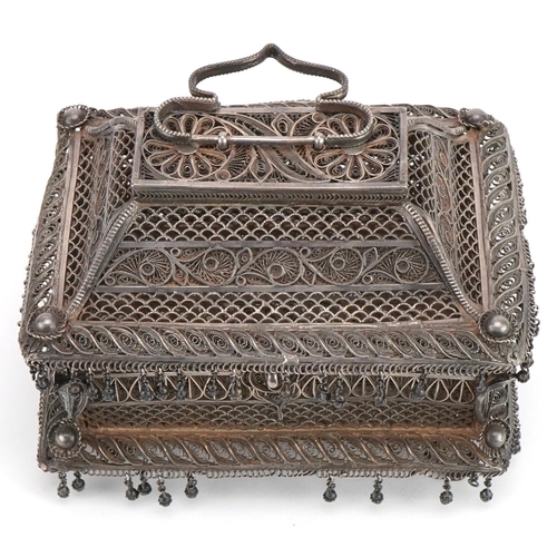 98 - Indian Goa silver filigree table casket with tassel drops, the plaque impressed M L Bros CTC to the ... 