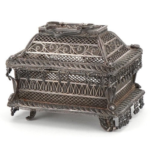 98 - Indian Goa silver filigree table casket with tassel drops, the plaque impressed M L Bros CTC to the ... 