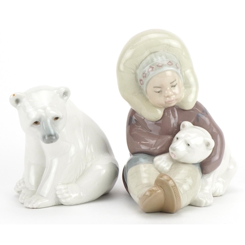 2253 - Two Lladro polar bears including one with Eskimo, 12cm high