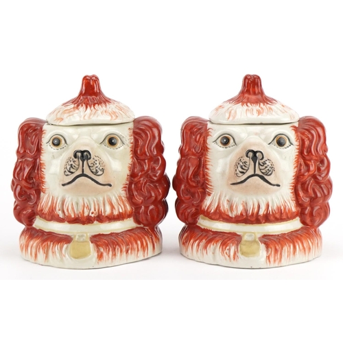 2509 - Pair of Staffordshire pottery style double sided Spaniel head pots and covers, each 14cm high