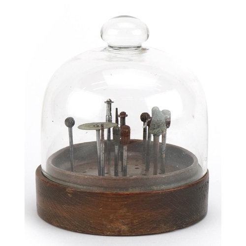 2497 - Set of chiropodist's tools raised on a hardwood stand housed under a glass dome, 12.5cm high