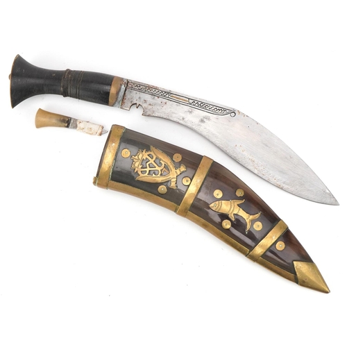 1420 - Military interest Gurkha's Kukri knife with horn sheath with brass regimental inlay, 28.5cm in lengt... 