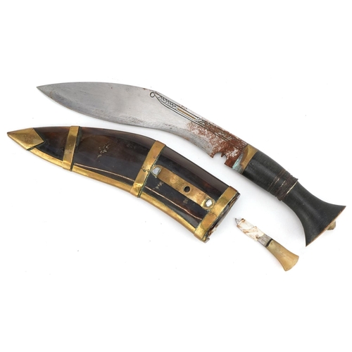 1420 - Military interest Gurkha's Kukri knife with horn sheath with brass regimental inlay, 28.5cm in lengt... 