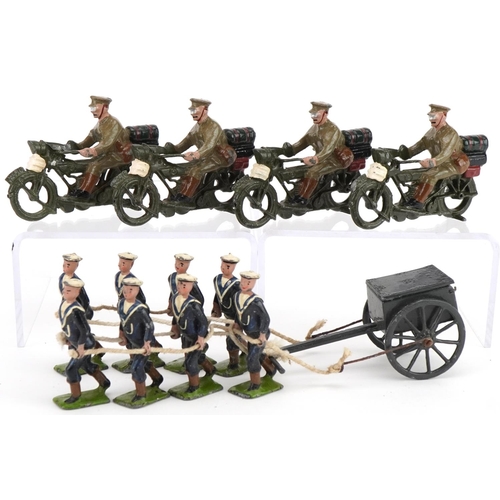 1128 - Britains hand painted lead Royal naval Cannon Team on the Trot and four hand painted lead motorcycli... 