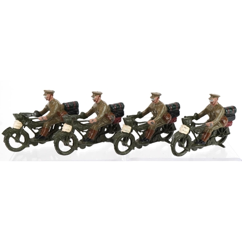 1128 - Britains hand painted lead Royal naval Cannon Team on the Trot and four hand painted lead motorcycli... 