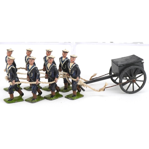 1128 - Britains hand painted lead Royal naval Cannon Team on the Trot and four hand painted lead motorcycli... 