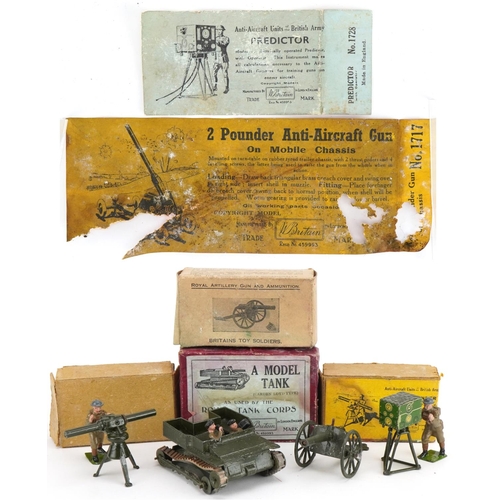 1136 - Britains hand painted lead with boxes and paper labels comprising Carden Loyd type model tank as use... 