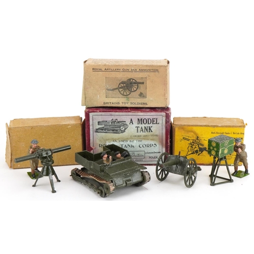 1136 - Britains hand painted lead with boxes and paper labels comprising Carden Loyd type model tank as use... 