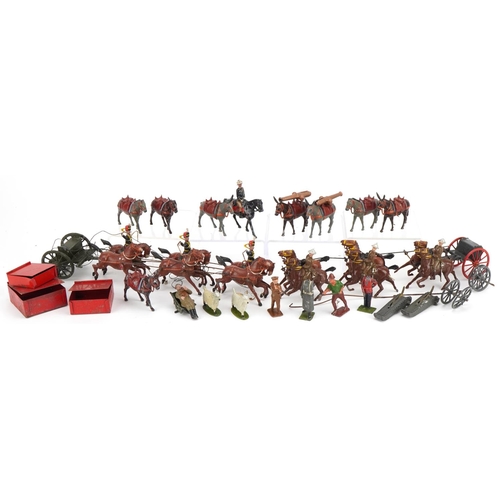 1124 - Britains hand painted lead soldiers including horse drawn carts, spotting chair and observer