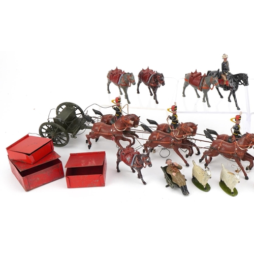 1124 - Britains hand painted lead soldiers including horse drawn carts, spotting chair and observer